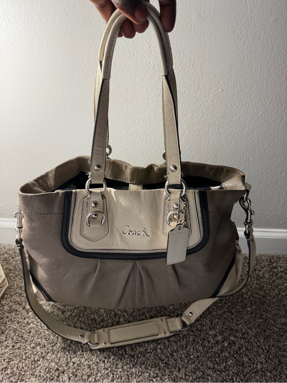 Coach Two-Tone Taupe and Cream Leather Shoulder Bag